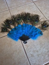 Vintage Peacock and Blue Bird Feathers Handcrafted Fan Large Size 20 X 14 Inches picture