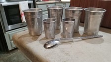 Vintage Aluminum 4 Cups 2 Shot Glasses Bar Spoon Japan Camping Barware Mcm picture