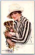 K17/ Artist Signed Postcard c1910 Woman Alert Pet Dog Hat 238 picture