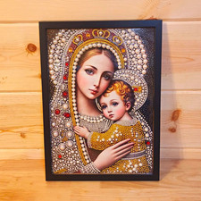 Diamond Art Pearl Christianity Virgin Mary & Child Framed Icon Wall Picture picture
