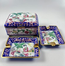 Set antique Chinese Rose Canton enamel copper Cigarette box ashtrays Qing ? picture