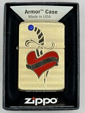 Heart & Sword Gemstone High Polish Brass Armor Zippo NEW 49303 picture