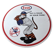 Vintage Esso Gasoline Sign - Yankees Gas Service Station Baseball Porcelain Sign picture
