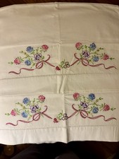 VTG Unused Cotton Hand Embroidered Pair of Pillowcases Cottagecore Grandma Chic picture