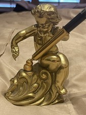 Antique Bronze Metal Cherub Figurine Pen Holder Desk Top Stand picture