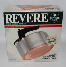 Vintage 1989 REVERE WARE 1121 Copper Bottom 6-cup Whistling Tea Kettle with Box picture