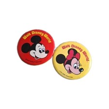 Vintage Walt Disney World Minnie Mouse & Mickey Mouse1980s Metal 3” Button w/Pin picture
