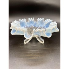 Antique Dugan Daisy and Plume Opalescent Blue Glass Footed Bowl Ruffled 1906 picture