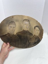 Antique WWI US Army 3 Soldier Crayon Enlargement Portrait Oval Doughboys 20in picture