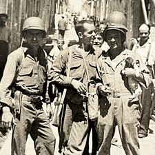 Vintage Sepia Snapshot Photograph Handsome Military Men Overseas Gun Puppy Dog picture