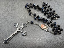 Vintage Black AB Oil Slick Bead Rosary Necklace Crucifix Pope Silver Tone 26” picture