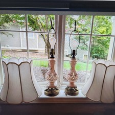 VTG BOHEMIAN CZECH Pink cased hand cut and painted table lamps. picture