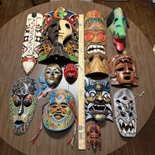 Vintage 80s/90s RARE Aztec Wooden/ Brass/Terracotta Painted Masks 12 Pc Bundle picture