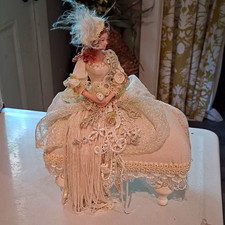 Victorian Handmade Fabric Lady Figurine - Ivory White Floral Matte Finish picture