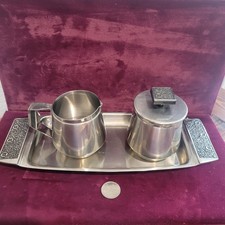 Vtg Stanley Roberts Stainless Steel Velvet Design Sugar & Creamer w/Tray MCM picture