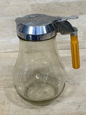 Vintage Dripcut Glass Syrup Dispenser Chrome Lid Amber Bakelite Handle USA 1930s picture