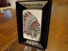 NATIVE AMERICAN CHIEF SKULL HEADDRESS INDIAN ZIPPO LIGHTER MINT IN BOX picture