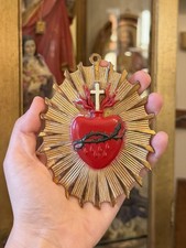 Antique Sacred Heart Brass Metal Casket Plaque Religious Mourning Oddity picture