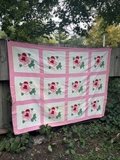 Vintage Hand-Made Floral Red & Pink Rose Garden Appliqué Quilt 80”x60” picture