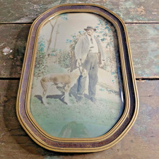 Vintage 1920s 1930s Man & Dog Portrait Convex Bubble Glass Wood Frame 11x17 picture