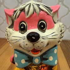 Vintage 60’s Holiday Fair Ceramic Cat  Bank Neon Anthropomorphic Psychedelic Mid picture