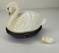 Vintage Swan Trinket Box Porcelain Hinged with Baby Swan Inside Purple Base picture