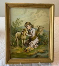Antique Victorian Ephemera Framed, Sheep, Girl, Hat, Early Antique Wood Frame picture