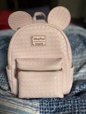 Disney Parks Loungefly Pink Woven Mickey Mouse Ear Mini Backpack Basketweave picture