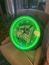 Vintage Rolling Rock /Pittsburgh Steelers Green Neon Beer Wall Clock, Perfect picture
