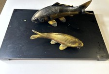 Vintage Japanese Signed Bronze Koi Carp Fish Pair Sculptures Wood Base 1960s picture