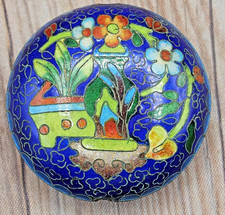 Cloisonne Floral Blue Orange Green Enamel Bead Pendant Round Double Side Vintage picture