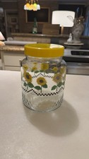Vintage KIG Indonesia Sunflower Jar w/ Yellow Lid Retro Kitchen Decor picture