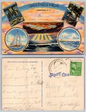 Greetings From Leonardo NJ Linen Postcard Dolphins Sailboat Lighthouse 1940s picture