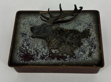 Vintage 1930s German Brass Stag Deer Wooden Cigar Tobacco Box Hunting Decor picture