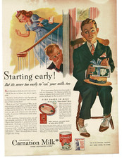 1943 Carnation Milk Boy waits for his date WWII Buy War Bonds Vintage Print Ad picture