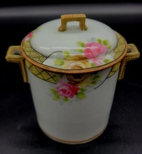 Antq Nippon Hand Painted Roses Yellow Moriage Porcelain Lidded Condensed Milk  picture