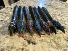 7 Vintage  Hand Carved Wood Blue Jay Pheasant Duck 8” Hand Painted Letter Opener picture