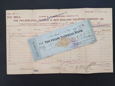 1899 antique PHILA READING & NEW ENGLAND RR Co PAY ROLL & CHECK ny Wm REID picture