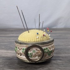 VTG 1930s Canary Yellow Pin Cushion Floral Band Includes Needles Pins 3