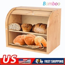 2-Layer Bread Box Bread Keeper Bamboo Wood With Lid Kitchen Storage Containers picture
