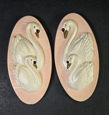 2 Pc 1965 Miller Chalkware Swans HTF PINK Oval Wall Art Plaques Kitschy Vintage  picture