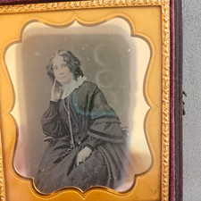 Antique 1850s Daguerreotype Portrait Seated Woman Lace Collar 1/6 Plate HalfCase picture