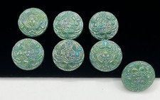 (7) NOS Green Shamrock Retro Czech Uranium Glass Iridescent Art Deco Buttons VTG picture