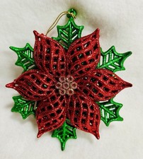 Vintage Glass Double Sided Poinsettia Christmas Ornament, 5” picture