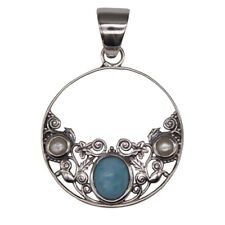 Fresh Water Pearl & Larimar Crescent Pendant Sterling Silver picture