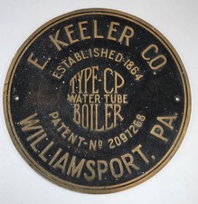 Vtg 40s/50s E. Keeler Co. Water Boiler Tube Plaque Brass Sign - Williamsport,Pa picture