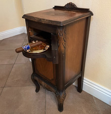 Antique Cigar Smoker Table Swing Out Carnival Glass Ashtray Wood Storage Cabinet picture