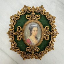 Vintage Florenza Miniature Portrait Ornate Gold Tone Filigree Green Velvet Frame picture