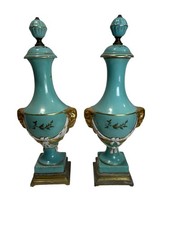 Antique pair of French Sevres Style Turquoise Porcelain Urns Bronze Base Gilt picture