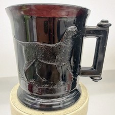 Antique EAPG Black Amethyst Glass Child's Mug Stein Embossed Dog Retriever picture